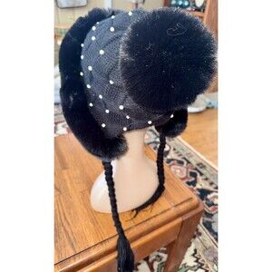 Beanie Pom Pom Hat Cassidy Marled Key Logo Braided Ties Black Multi